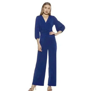 ALEXIA ADMOR Jumpsuit XL 16 18 Royal Blue Wide Leg Flare V Neck Ruched Romper